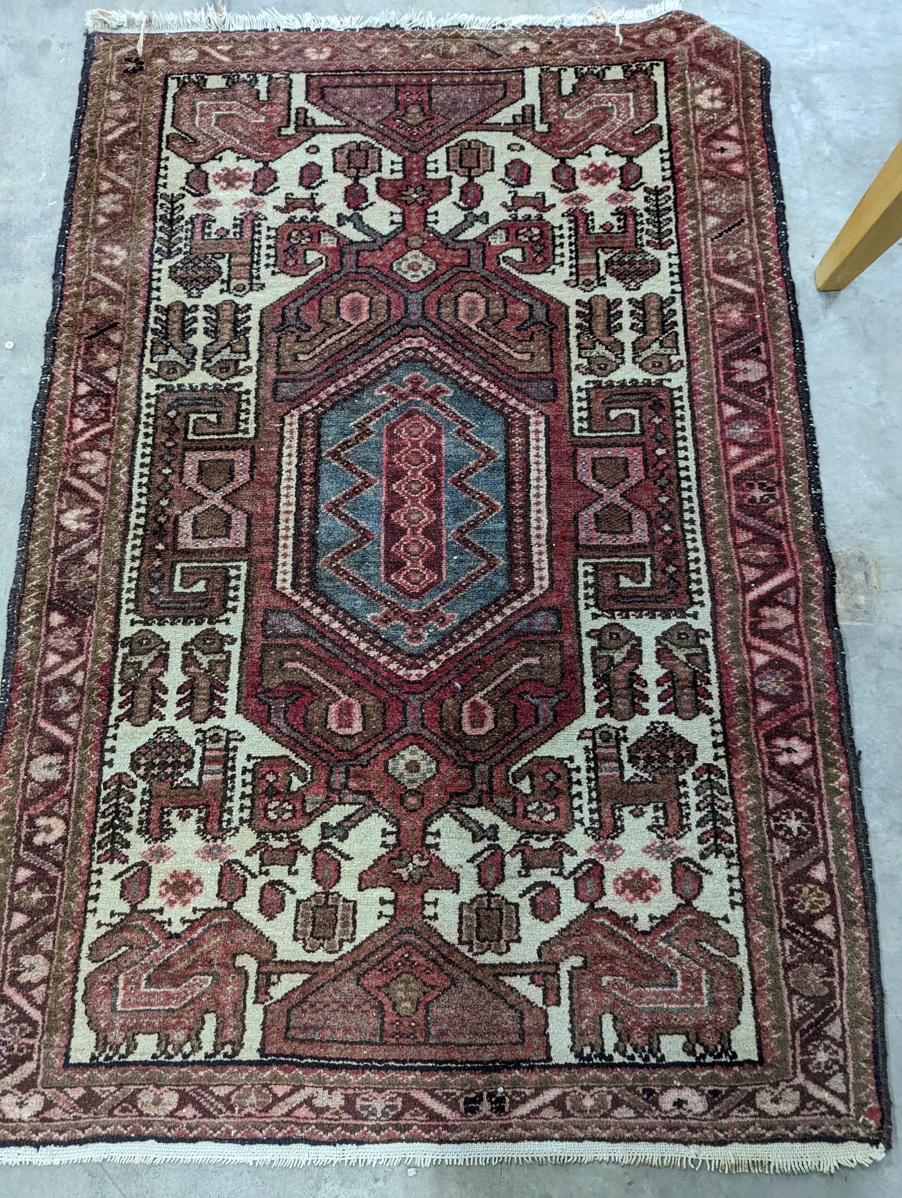 A Belouch geometric prayer rug and two Caucasian design rugs, largest 152 x 104cm